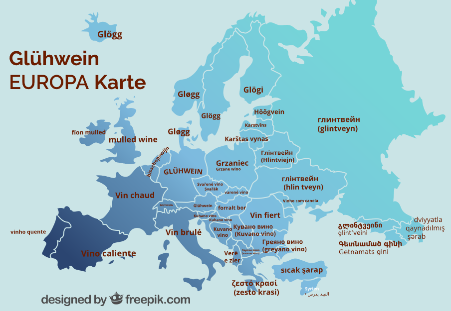 Bild: Glühwein Übersetzungen auf einer Europa Karte