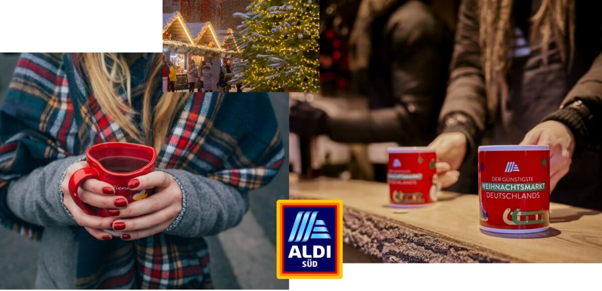 Bild: Im linken Bildteil hält eine Frau eine herzförmige Tasse Glühwein in den Händen, in der rechten Hälfte stellt eine Person zwei ALDI-Süd Weihnachtsmarkt Becher auf einen Holztresen. In der Mitte das Logo von ALDI Süd - Symbolbild des Glühwein-Checks